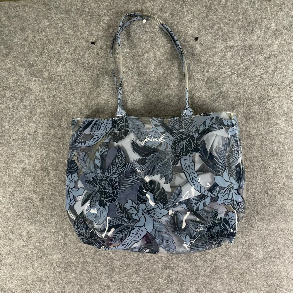 Victoria's Secret PINK Clear Tropical Floral Tote Bag Blue Beach Bag with Pouch - Picture 2 of 12